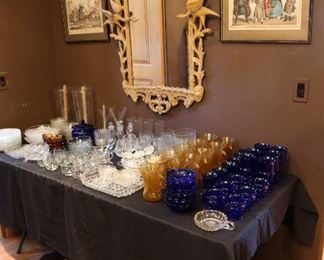 Vintage glass ware and carved wooden mirror