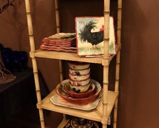 Faux bamboo etagere and ceramics