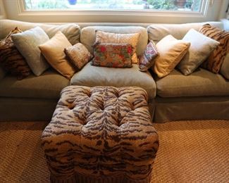 A. Rudin ottoman tiger print, custom sofa with pillows