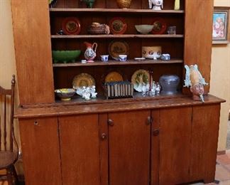 Rustic pine hutch, various household decor