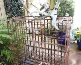 Antique wrought iron wine rack, driftwood sculpture