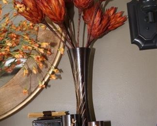 Bamboo grouping of candleholders and vase with incised carvings of Japanese symbols