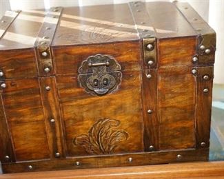 Island carved pine box with brass hardware.