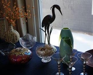 Art metal crane on stand, Waterford and other crystal bowls, Art glass