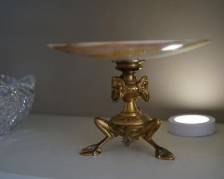 Vintage brass "hoof" base, onyx plate and stand.