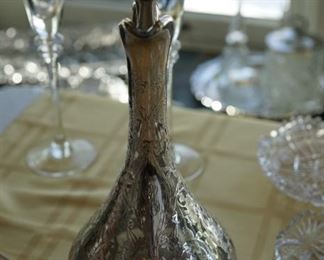 Need a better photo of this lovely heavy sterling overlay bottle- decanter of 12" / Early 1900's with handle.