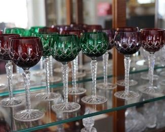 Set of ten Bohemian cut to clear tall stem wine glasses to include red, green and amethyst. no chips