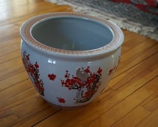 Ceramic glazed with Japanese pattern of trees and symbols jardinere