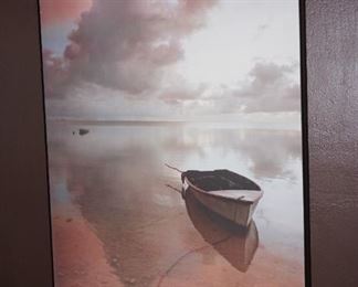Giclee print of boat by sandy shore in floater frame