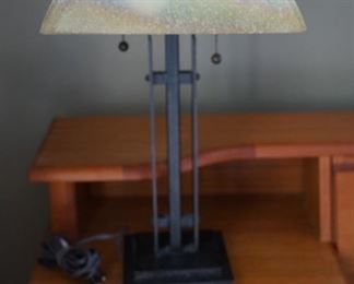 There is a pair of these lamps about 2ft in height. Metal base with a frosted etched shade.,