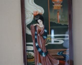 there is a pair of these Japanese paintings on glass framed and ready to hang