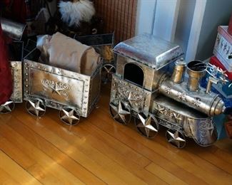 White tin Christmas train with four cars and Engine