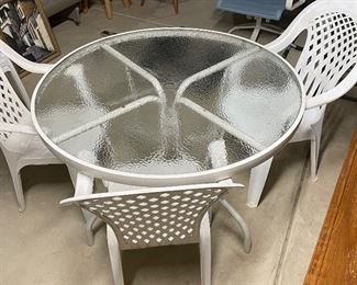 Round, white patio table with 3 chairs,  was $45, NOW $30
