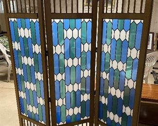Unique stained Glass & wood room divider - excellent condition!  Each panel is 79"H x 17"W  - 3 panels.  True color of wood shown on next picture.,  WAS $295, NOW $225