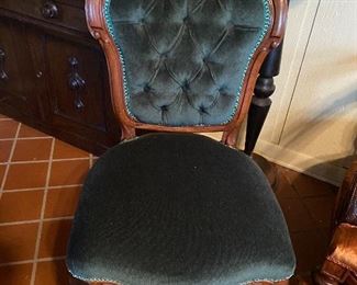 One of a PAIR of Rosewood side chairs.  Emerald green velvet upholstered!
