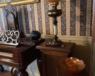 More of the many walnut stands in the sale and a great electrified oil lamp with a hand-painted shade!