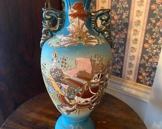 Antique turquoise hand-painted vase with multiple colors!