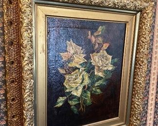 Beautiful antique frame, beautiful roses oil!