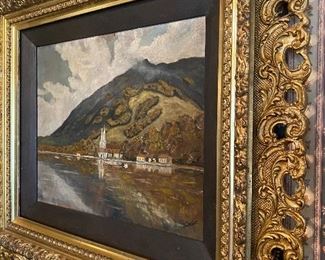 Carved antique gold frame with a mountain lake oil painting!