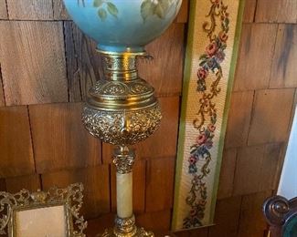 Brass and marble electrified oil lamp with a hand-painted globe!