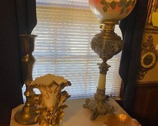 Old Paris vase and antique converted oil lamp with hand painted shade!