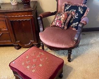 Nice carved side chair with needlepoint stool and needlepoint pillows!