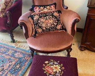 Another pretty velvet chair with a needlepoint stool and needlepoint pillows!
