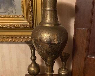 Tall brass vase with small vases and antique brass cigarette lighter!