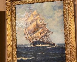 Gold antique large frame with ship oil painting!