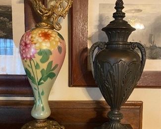Hand-painted pair of antique Ewers with pair of Bronze urns!