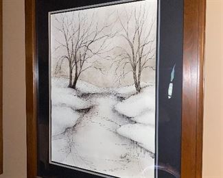 Sunhu Ray, artist, larger pen and ink... walnut frame