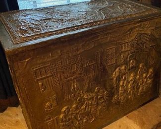 HUGE brass wood box with embossed scenes!