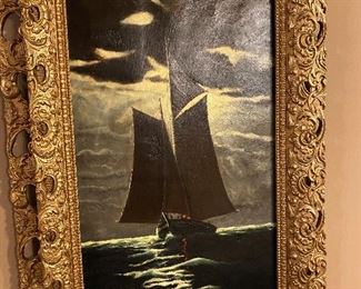 3-D antique carved gold frame with a ship oil painting!