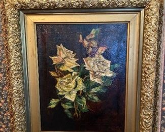 Yellow roses in oil framed in an antique frame!