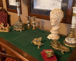 Antique ink wells, letter holder, Austin bust, marble candlesticks, and marble lamps!