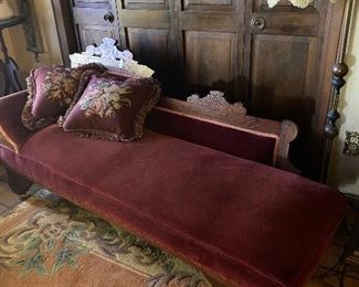 Fainting couch in cranberry velvet! Beautiful wood details!