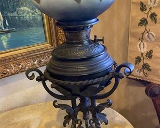 RARE wrought iron converted oil lamp with hand-painted globe!