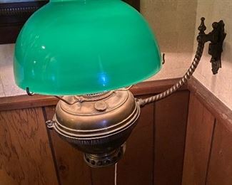 EXTREMELY RARE... Wall mounted converted oil lamp with green shade!