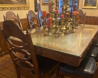 Walnut dining table  with glass on top and 8 chairs
