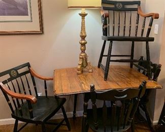 small drop leaf table, chairs, vintage lamp