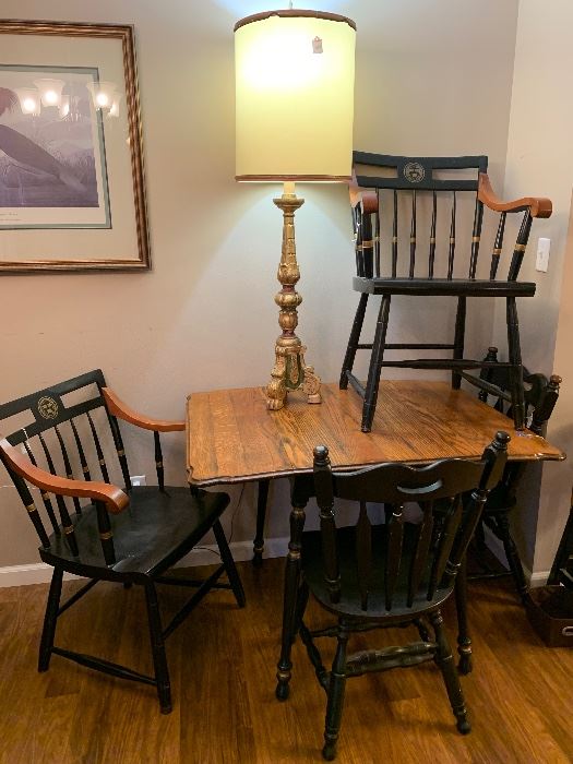 small drop leaf table, chairs, vintage lamp