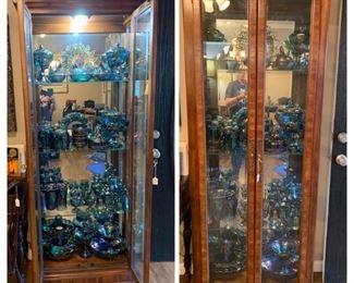 lighted curio cabinet, large selection of blue carnival glass including fenton and westmoreland