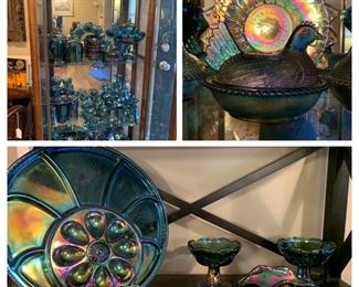 blue carnival glass, hens on nest, relish tray