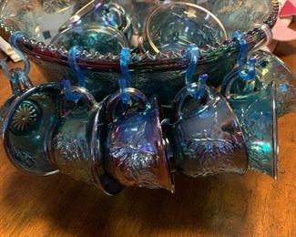blue carnival glass punch  bowl
