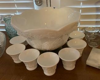 milk glass punch bowl with brass base