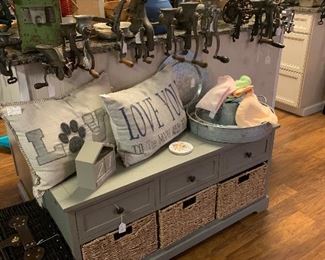 nice bench cabinet with drawers and baskets