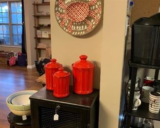 cannisters, mixing bowls, tater/onion cabinet