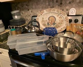 stainless mixing bowls, plastic ware, platters, stoneware