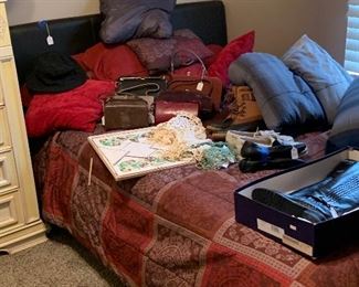 full bed, bedding, purses, ladies boots