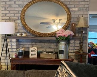 vintage oval mirror, sofa table, floor lamp, lamps, home decor